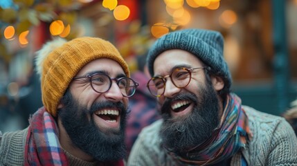 Two happy caucasian men with glasses and beards laugh outdoors. Male friendship and lifestyle.