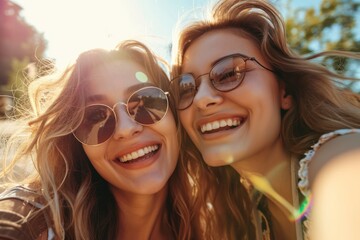 Fototapeta premium Two happy caucasian girls take a selfie outdoors on a sunny day. Smiling girlfriends take pictures on a mobile phone. Lifestyle. Close-up