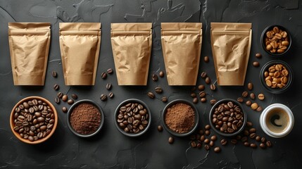 A variety of coffee beans and bags are displayed on a counter