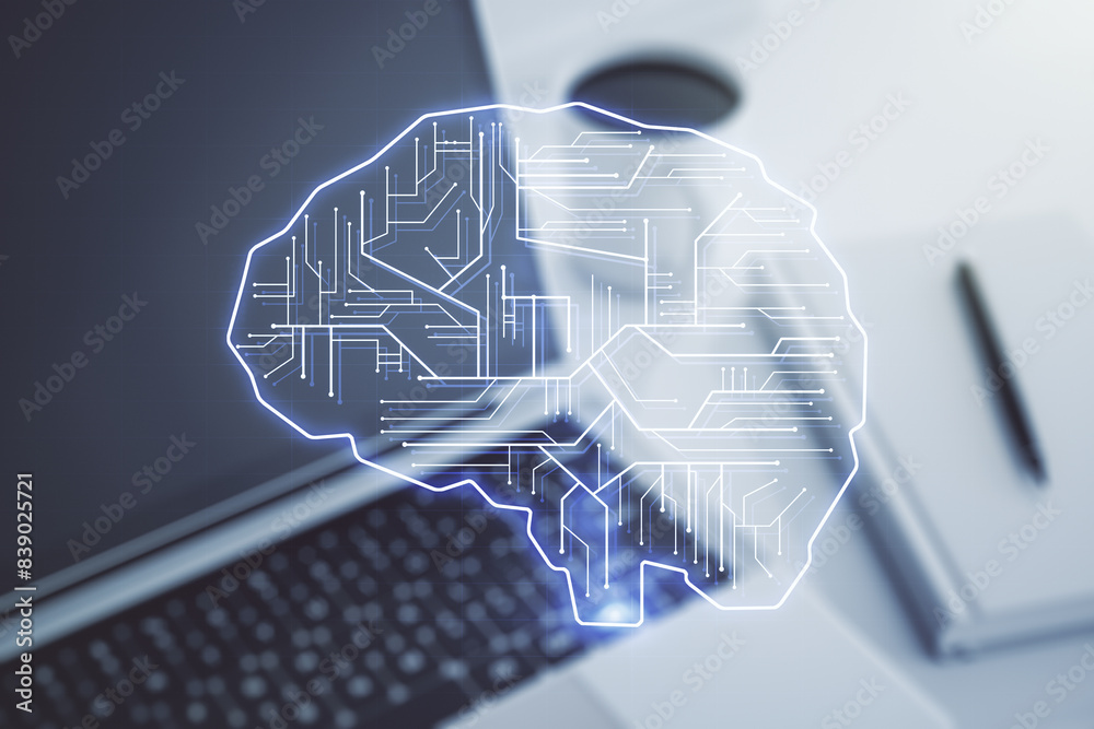 Leinwandbilder double exposure of creative human brain microcircuit with computer on background. future technology 