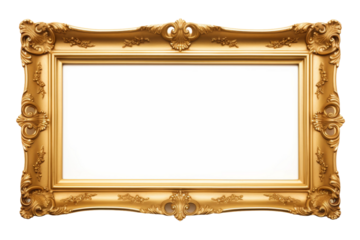 Gilded Elegance: A Regal Gold Frame on a Blank Canvas on a White or Clear Surface PNG Transparent Background..