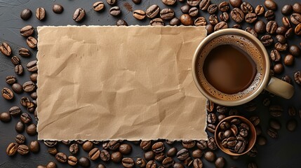 A cup of coffee sits on a table with a piece of paper and a pile of coffee beans