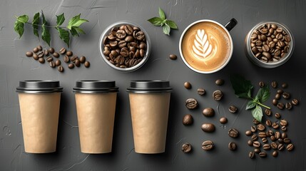 A coffee shop display with three paper cups and a cup of coffee