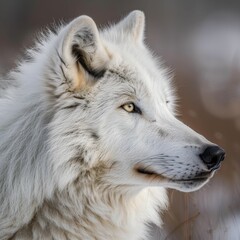 A white wolf with a blue eye stares at the camera