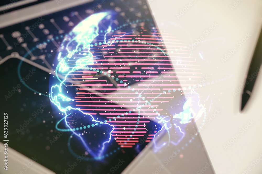 Fototapete double exposure of abstract digital world map with connections on computer background, big data and 
