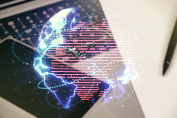 Double exposure of abstract digital world map with connections on computer background, big data and blockchain concept