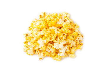 Delicious popcorn isolated on white background. Cinema and entertainment concept. Movie night with popcorn. Cheese and caramel popcorn. Delicious appetizer, snack. Banner