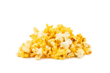 Delicious popcorn isolated on white background. Cinema and entertainment concept. Movie night with popcorn. Cheese and caramel popcorn. Delicious appetizer, snack. Banner