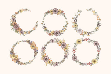 Hand Drawn Wreath Autumn Flower and Leaves