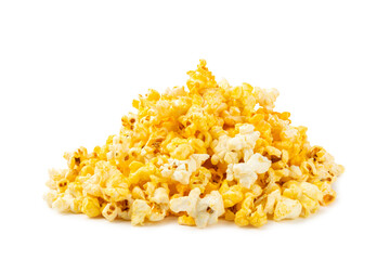 Delicious popcorn isolated on white background. Cinema and entertainment concept. Movie night with popcorn. Cheese and caramel popcorn. Delicious appetizer, snack. Banner