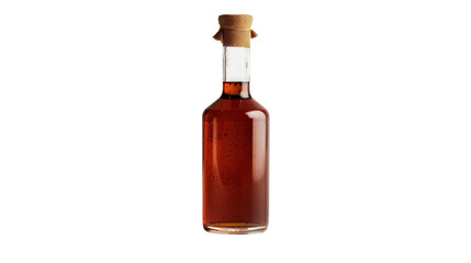 Glass bottle filled with amber liquid and cork stopper against a transparent background. Minimalistic and clean design for food and drink packaging.