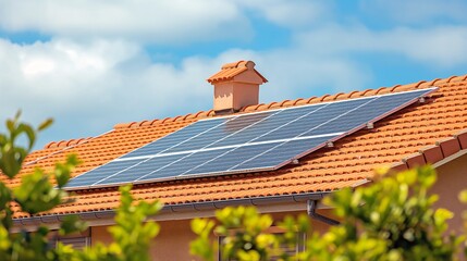 Solar panels installed on a residential roof under a sunny sky, surrounded by green foliage, promoting clean and renewable energy solutions.