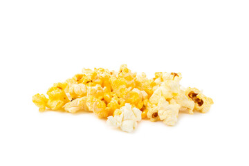 Delicious popcorn isolated on white background. Cinema and entertainment concept. Movie night with popcorn. Cheese and caramel popcorn. Delicious appetizer, snack. Banner