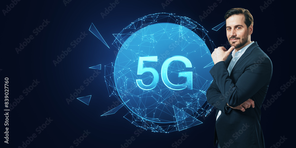 Aufkleber attractive young european businessman with creative polygonal globe with 5g internet hologram. techn