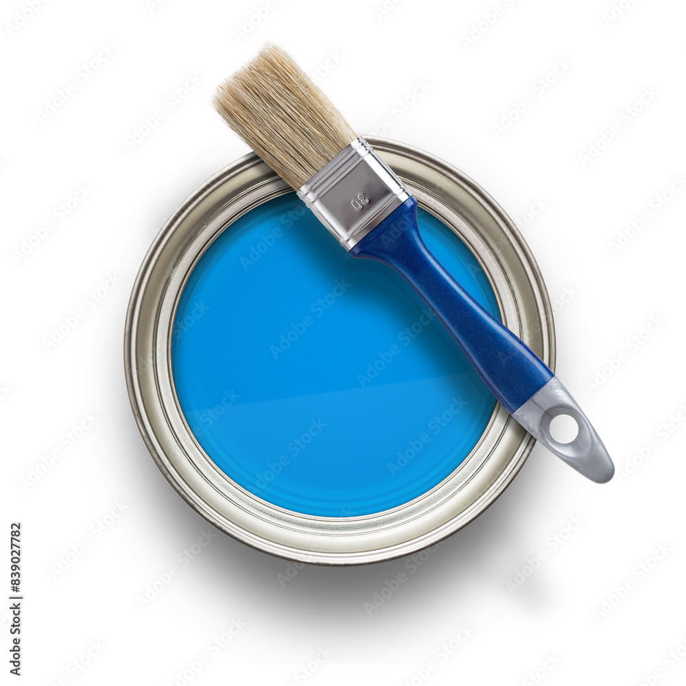 Wall mural High angle view of blue paint can, with brush, isolated on transparent background, png file