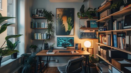 A small office with a desk, chair, and bookshelves. The desk has a computer and a keyboard. The bookshelves are filled with books and a potted plant. The room has a cozy and organized atmosphere