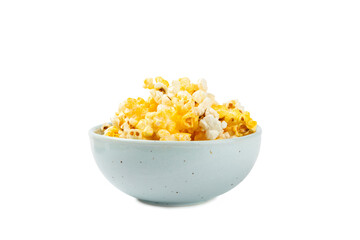 Delicious popcorn isolated on white background. Cinema and entertainment concept. Movie night with popcorn. Cheese and caramel popcorn. Delicious appetizer, snack. Banner