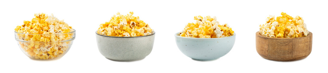 Delicious popcorn isolated on white background. Cinema and entertainment concept. Movie night with popcorn. Cheese and caramel popcorn. Delicious appetizer, snack. Banner