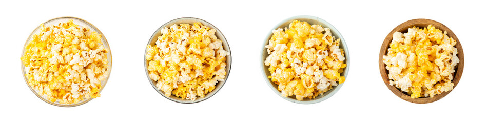 Delicious popcorn isolated on white background. Cinema and entertainment concept. Movie night with popcorn. Cheese and caramel popcorn. Delicious appetizer, snack. Banner