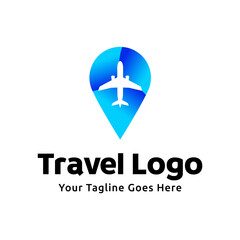 logo design combining the shape of a pin map with an airplane, logo design traveling template