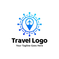 logo design combining the shape of a pin map with an airplane, logo design traveling template