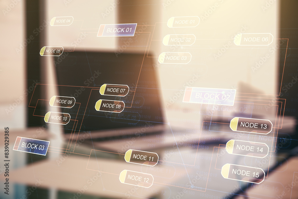 Leinwandbilder double exposure of abstract programming language on laptop background, research and development conc