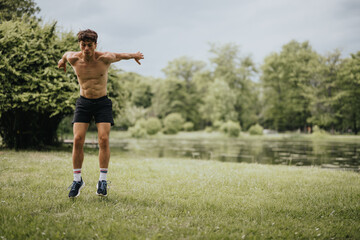 Athletic man demonstrating flexibility by executing a back flip in a lush green park, showing...