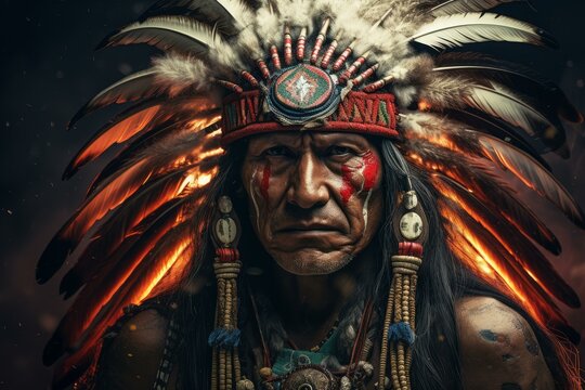 Close-up portrait of a native american chief with a ceremonial headdress and stern expression