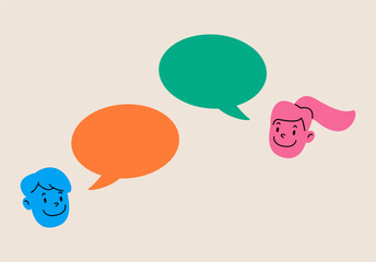 Two people talking through speech bubbles. Concept of communication. Colorful vector illustration