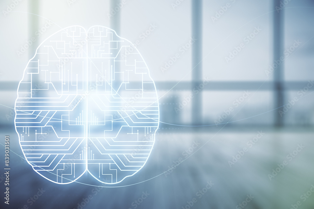Poster double exposure of creative human brain microcircuit hologram on empty room interior background. fut