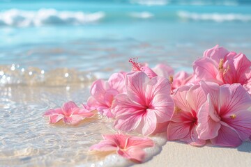 Pink flowers on the beach. Postcard or banner for vacation and travel agency.
