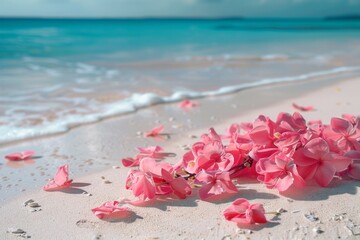 Pink flowers on the beach. Postcard or banner for vacation and travel agency.