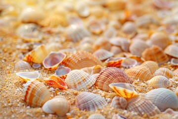 Beach with white sand with small shells and the ocean, sea wave with foam. Summer holidays and seaside holidays. Poster for travel agencies selling sea tours. - Powered by Adobe