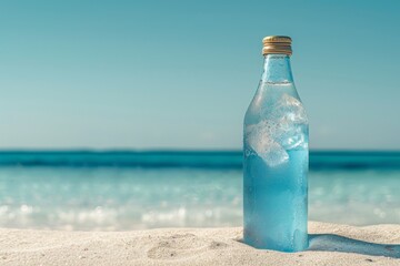 A steamy bottle of blue lemonade with ice stands on the beach on white sand. Ocean with waves. Sea vacation. To advertise a seaside vacation for a travel agency.	