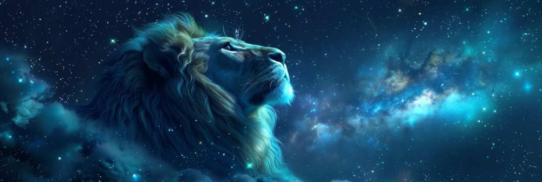 Leo Zodiac Sign, Lion Horoscope Symbol, Magic Astrology Lion, Lion in Fantastic Night Sky