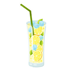 Lemonade with ice in a glass. Carbonated drink, lemonade, fruit drink, cold summer soft drink. Lemonade with fresh lemon in flat style.