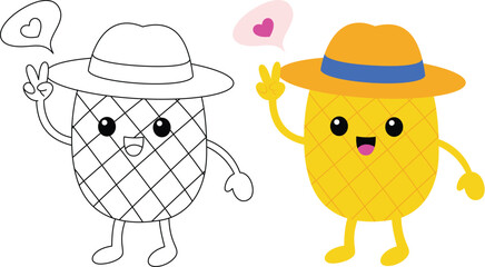 Cute kawaii funny pineapple cartoon character coloring page for kids. Tropical fruit outline doodle colouring page isolated on white background. Summer coloring book for kids