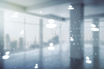 Naklejka premium Double exposure of abstract virtual social network icons on empty modern office background. Marketing and promotion concept