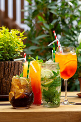 summer drinks with ice, alcoholic and non-alcoholic outdoor food