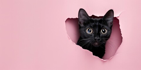 Black cat peeking through hole in pink paper background