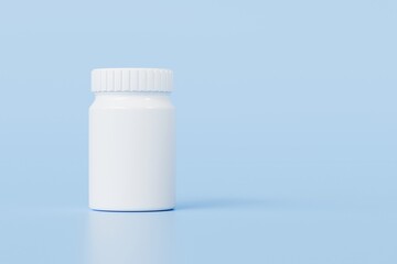 3d Medicine Pill bottle icon isolated on blue background. Emergency, Safety, Hospital doctor equipment medic health care concept. Minimal plastic white, blue, orange bottle pill icon. 3d render.