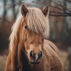 Close up of a brown horse with a blonde mane with blur background