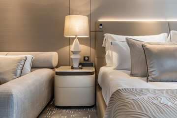 A contemporary hotel single bedroom with a cozy bed in neutral colors, a sleek bedside table with a lamp, and a futuristic modern sofa, providing a chic and comfortable space for relaxation.