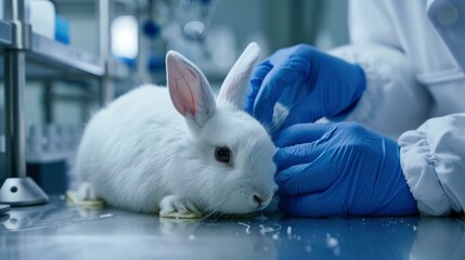 a scientist wearing blue gloves examine a white rabbit laying on a table in a lab