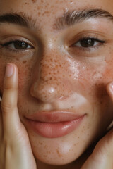 Fototapeta premium Detailed Close-Up Photo of a Young Woman, Touching Her Wet Face with Healthy Skin