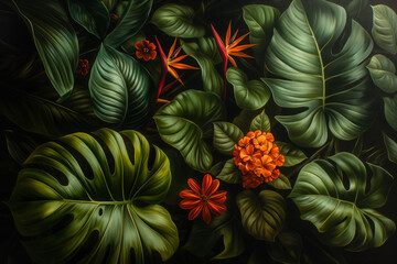 Fototapeta premium Tropical jungle green leaves with exotic lush foliage, forest, palm, monstera, berries, vibrant colors on dark background, vintage style, oil painting illustration