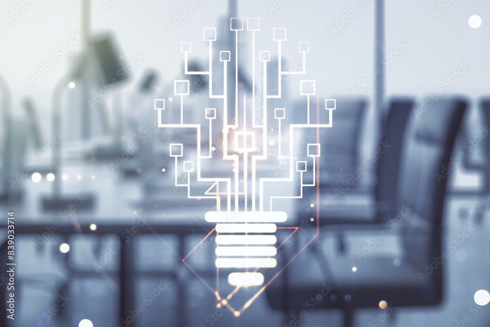 Poster Virtual creative idea concept with light bulb and microcircuit illustration on a modern furnished office background. Neural networks and machine learning concept. Multiexposure