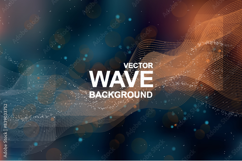 Poster Abstract wave background. Wavy smooth fractal lines with purple and pink gradient and glowing effect on dark backdrop. Bright elegance wallpaper with flowing curved stripes. Vector illustration.