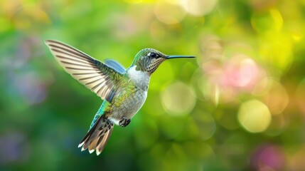 Fototapeta premium a cute green hummingbird flying on green blur bokeh background