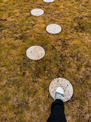 Stepping On Stepping Stones On The Grass In A Park
